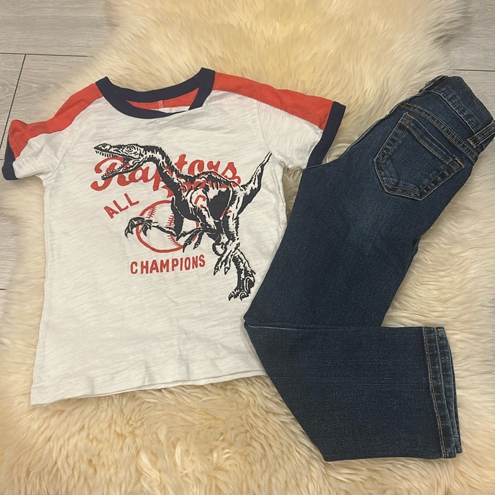 OshKosh B’Gosh Babseball T-Shirt Dino Theme & Old Navy Slim Fit Dark Denim In 4T